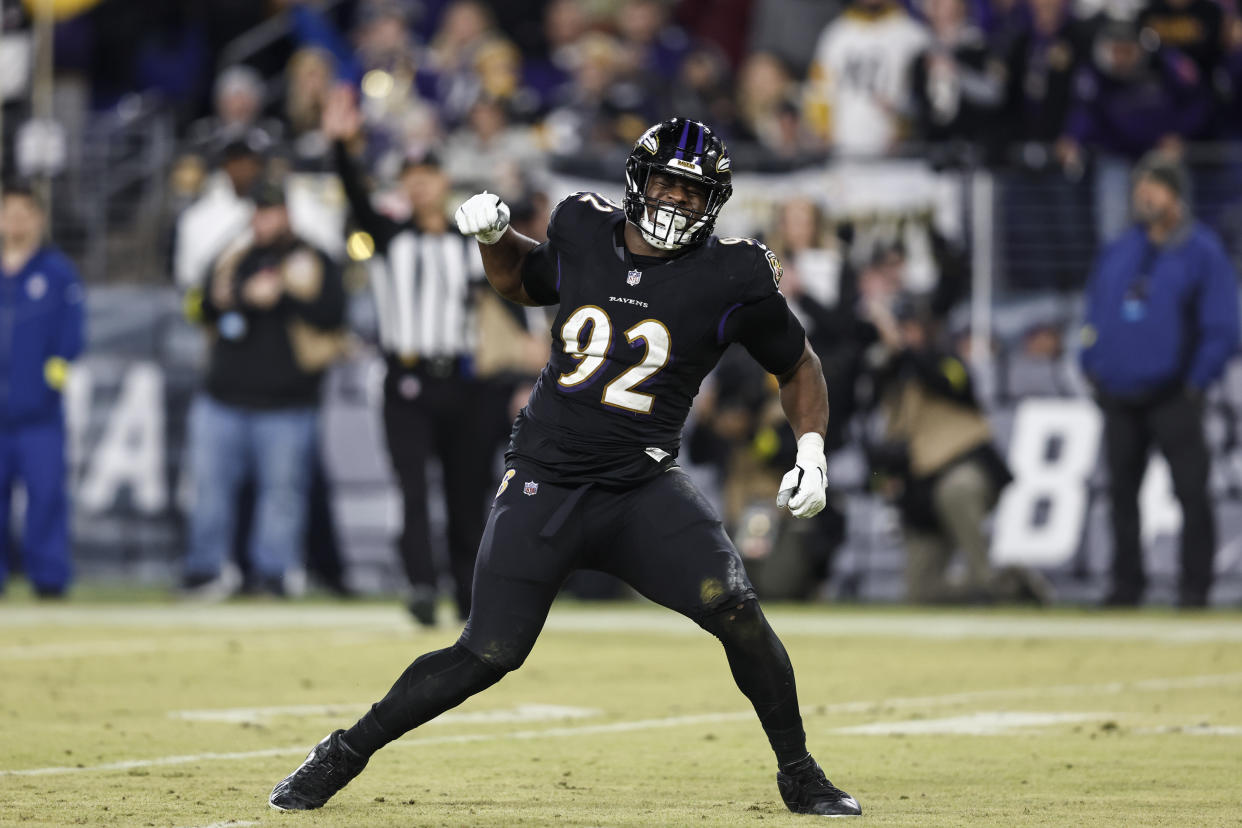 BALTIMORE, MARYLAND - JANUARY 01: Justin Madubuike #92 of the Baltimore Ravens celebrates after making a sack during an NFL football game between the Baltimore Ravens and the Pittsburgh Steelers at M&T Bank Stadium on January 01, 2023 in Baltimore, Maryland. (Photo by Michael Owens/Getty Images)