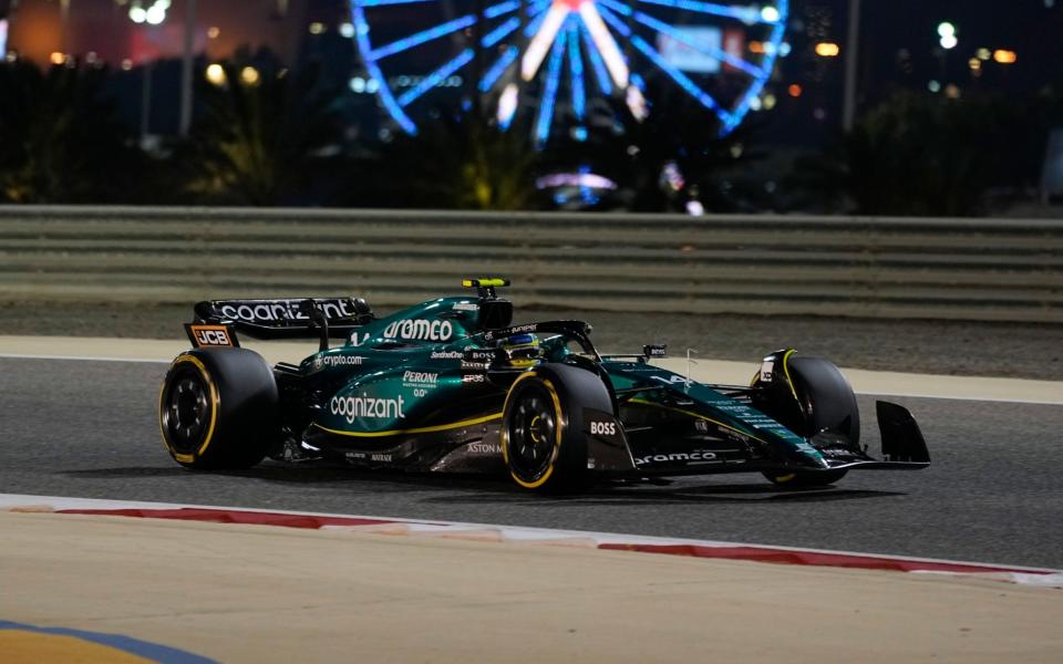 Aston Martin driver Fernando Alonso of Spain in action during practice for the Bahrain Grand Prix in Sakhir, Friday, March 3, 2023 - AP/Ariel Schalit