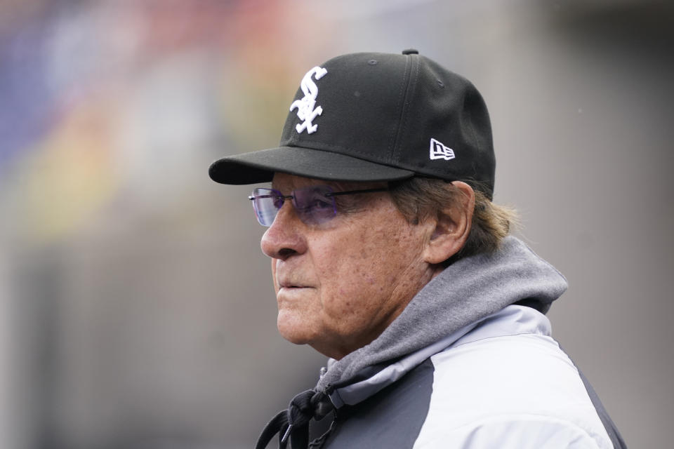 Chicago White Sox manager Tony La Russa watches from the dugout during the sixth inning of a baseball game against the Detroit Tigers, Friday, April 8, 2022, in Detroit. (AP Photo/Carlos Osorio)