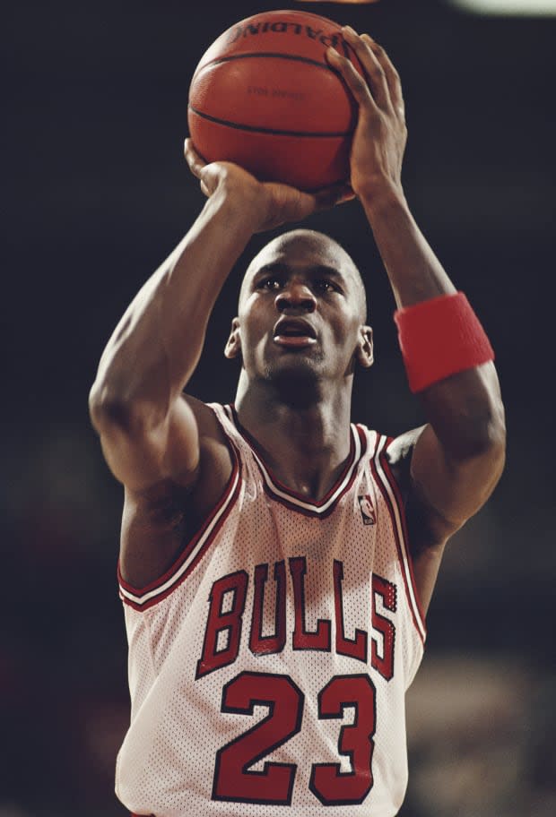 Michael Jordan shoots during the 1988 - 1989 NBA season.<p>Jonathan Daniel/Allsport/Getty Images</p>