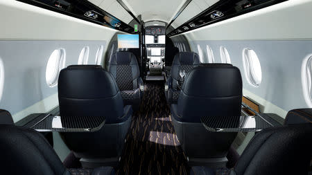 The interior of a Embraer business jet plane, the New Praetor 600 Bossa Nova Edition, is seen in this image released by Embraer North America, in Fort Lauderdale, Florida, U.S., October 12, 2018. Courtesy Embraer/Handout via REUTERS