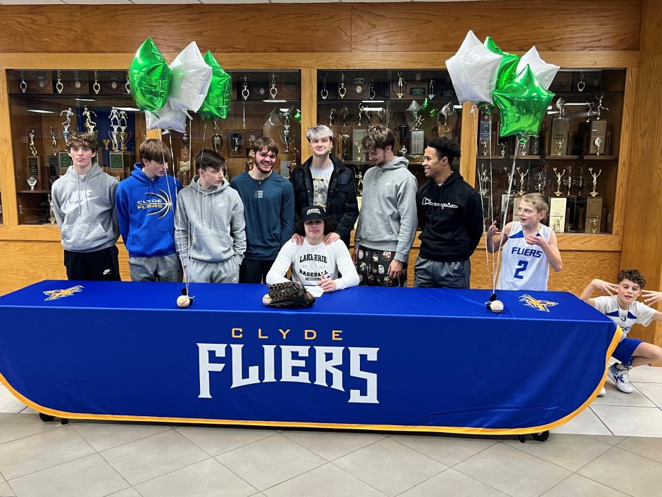 Clyde's Cole Schwochow continues his baseball career at Lake Erie College. He's joined at the announcement by Fliers teammates Brennan Wilson, Brayden Olson, Ben Wott, Cedric Messar, Abe Morrison, Adam Kauble and Kam Shortridge.