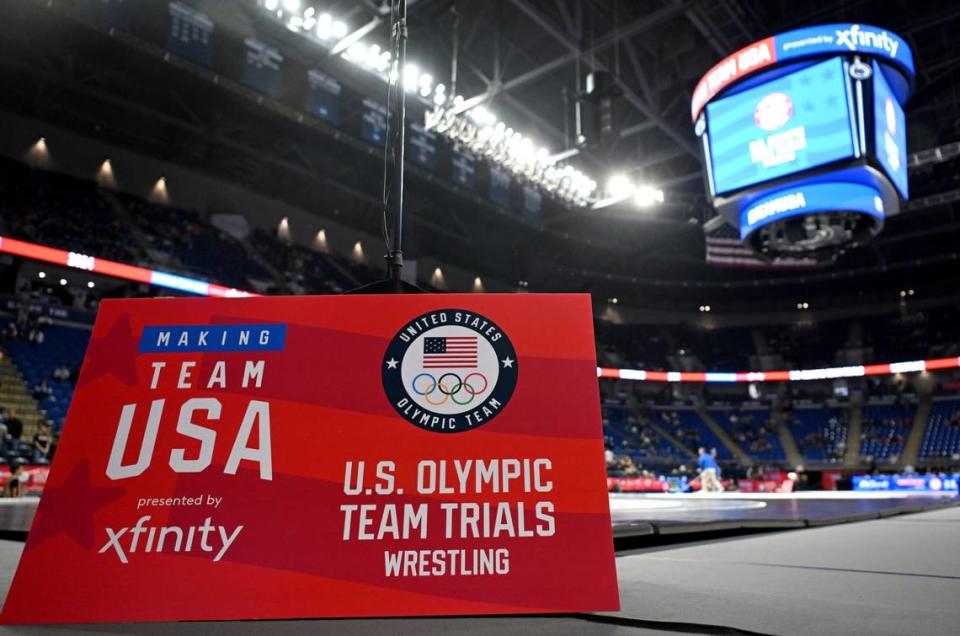 Fans start to arrive for the U.S. Olympic Team Trials at the Bryce Jordan Center on Friday, April 19, 2024.