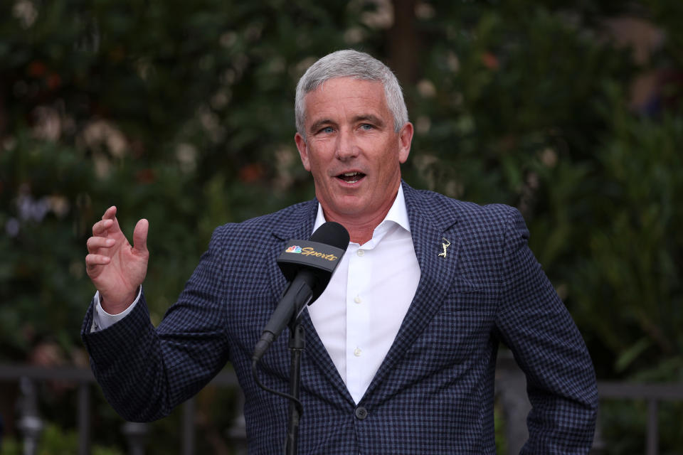 PGA Tour Commissioner Jay Monahan speaks during the trophy ceremony during the final round of THE PLAYERS Championship on THE PLAYERS Stadium Course at TPC Sawgrass on March 12, 2023 in Ponte Vedra Beach, Florida. (Photo by Richard Heathcote/Getty Images)