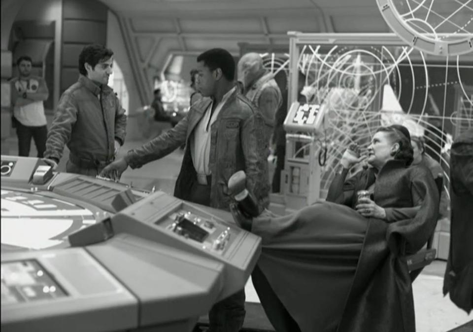 <p>This shot of Carrie Fisher<span> kicking back with Oscar Isaac<span> and John Boyega<span> is characteristic of her effortless humour.</span></span></span></p><p>"Carrie is remarkable in the movie," producer Kathleen Kennedy<span> has promised. "</span>What [director Rian Johnson<span>]</span> wrote and the performance she ends up giving, it's an amazing tribute to her talent."</p>