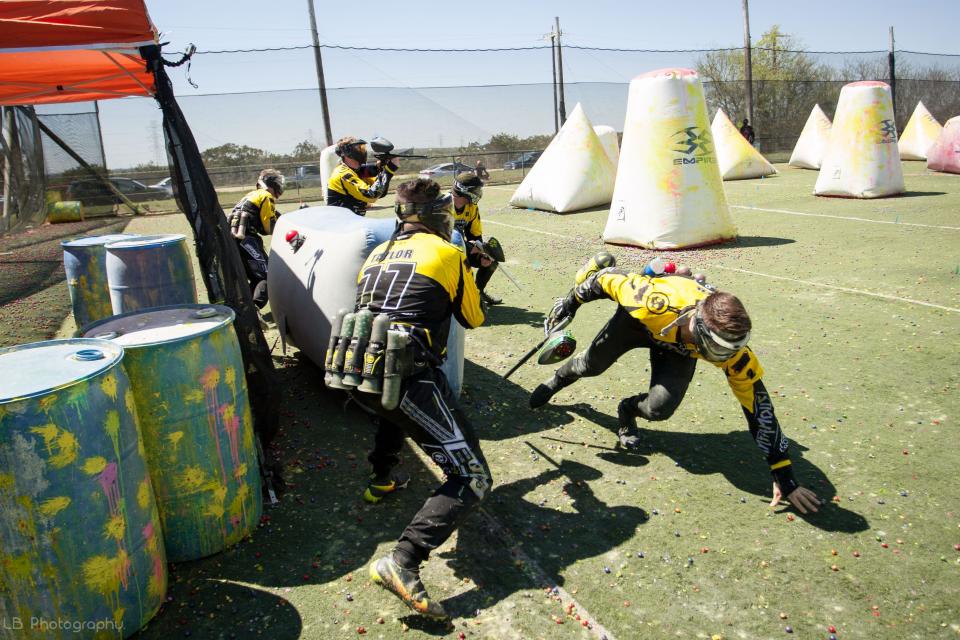 Jonah Jamroz, in running stance, and Los Angeles Infamous teammates, Greg Siewers, Jason Dennis, Cody Mickowski  and Thomas Taylor at a scrimmage against other teams and practice in San Antonio earlier this year. Teams are given two weekends to practice on the layout for NXL major events and will often schedule practices against each other.