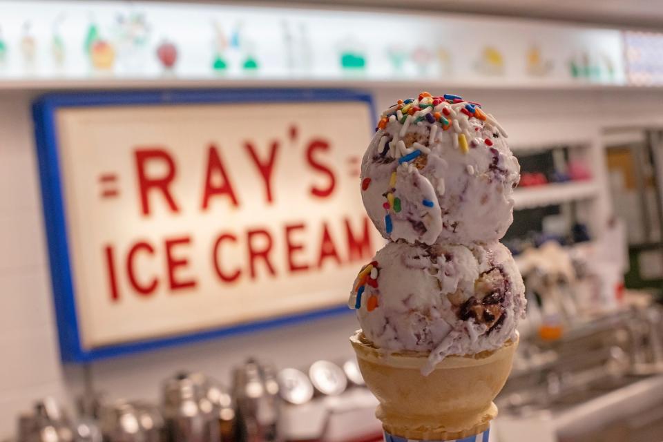 Blueberry pie ice cream with sprinkles at Ray’s Ice Cream in Royal Oak, Mich. on July 16, 2023.