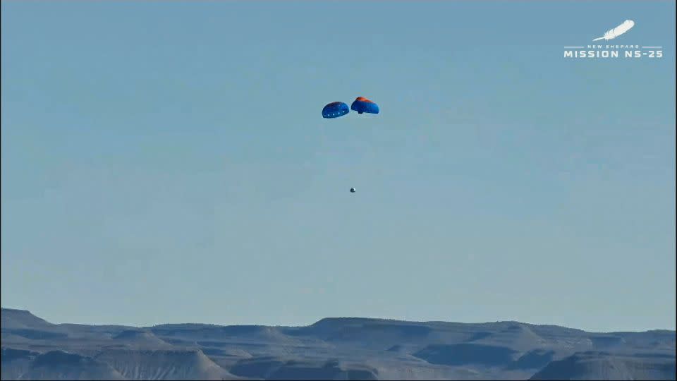 Blue Origin's NS-25 mission returns to Earth's surface Sunday after reaching the edge of space. - Blue Origin