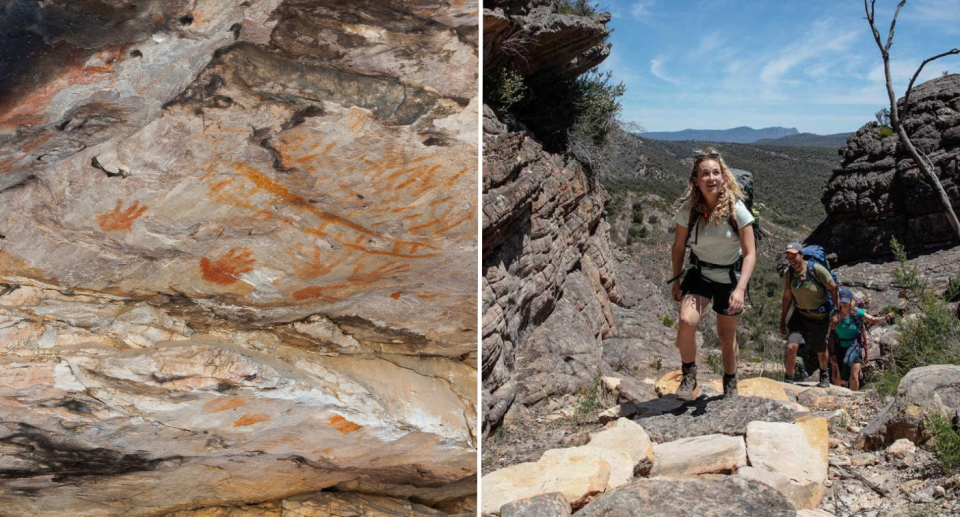 Image on left is of indigenous art in the Grampians. Image on right is hikers walking through the Grampian National Park.