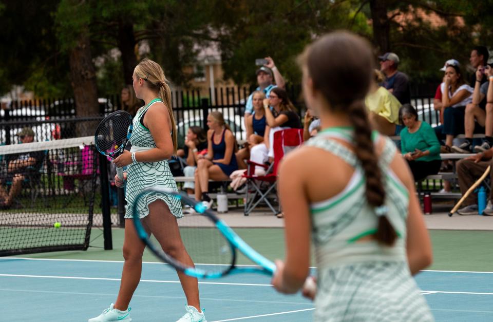 Left to right, Green Canyon’s Carly Nielsen and Liz Murri compete in the first doubles finals against Crimson Cliffs’ Whitney Matheson and Kate Obray during the 2023 4A Girls Tennis Championships at Liberty Park Tennis Courts in Salt Lake City on Saturday, Sept. 30, 2023. | Megan Nielsen, Deseret News