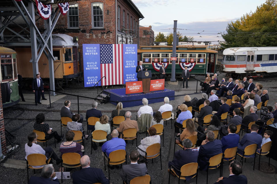 President Joe Biden speaks about his infrastructure plan and his domestic agenda during a visit to the Electric City Trolley Museum in Scranton, Pa., Oct. 20, 2021. Pennsylvania has been a core part of Biden's political identity for years. It's where he grew up, and he was jokingly called the state's “third senator” even though he represented neighboring Delaware. Now he's returning to Pennsylvania repeatedly to help Democratic candidates even though he's largely absent from the campaign trail in other key battlegrounds like Georgia, Nevada and Ohio. (AP Photo/Susan Walsh, File)