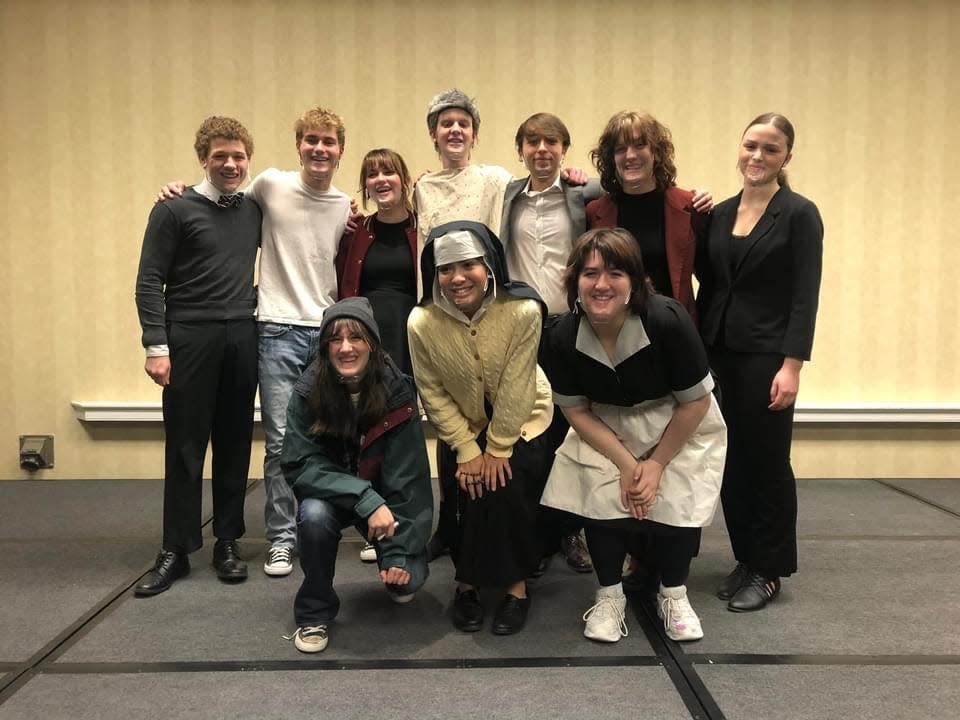 Students from Salina Central High's Troupe No. 639 are in costumes for "Tracks," a play by Peter Tarsi. The performance took first place for Chapter Select One Act at the Kansas Thespian Festival and was chosen to be performed at the International Thespian Festival in June at the University of Indiana-Bloomington.