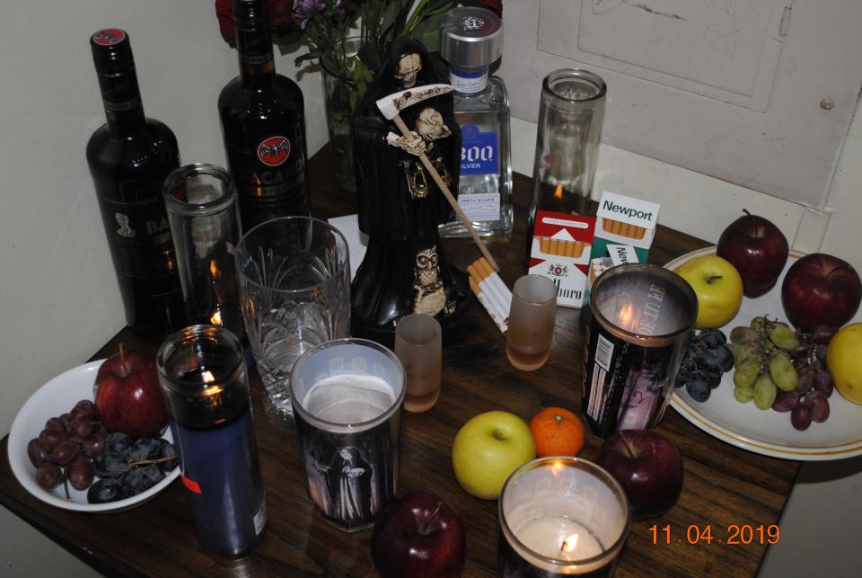 Javier Sanchez Mendoza's Santa Muerte shrine, including blood and hair from his victim.