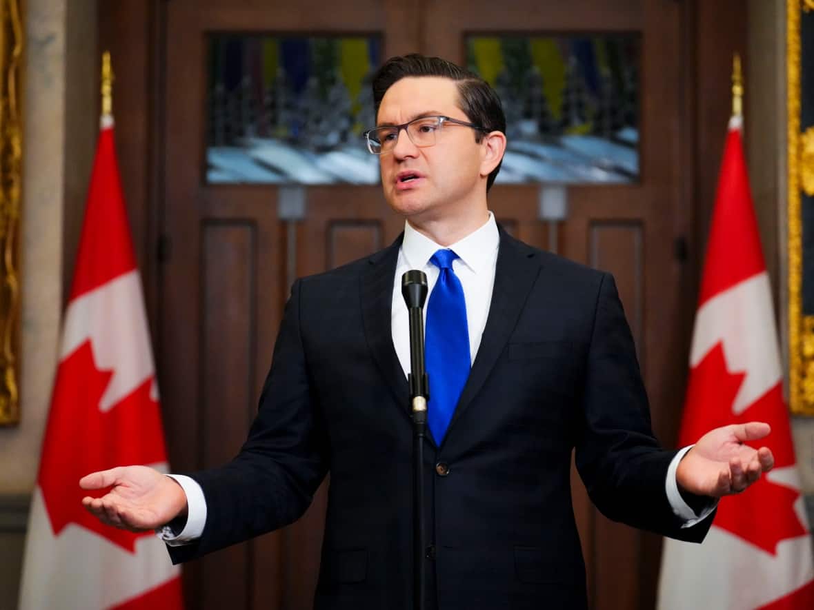 Conservative Leader Pierre Poilievre said in a fiery speech to his caucus Friday that Canada is broken and Prime Minister Justin Trudeau should step aside if he can't fix the country's problems. (Sean Kilpatrick/Canadian Press - image credit)