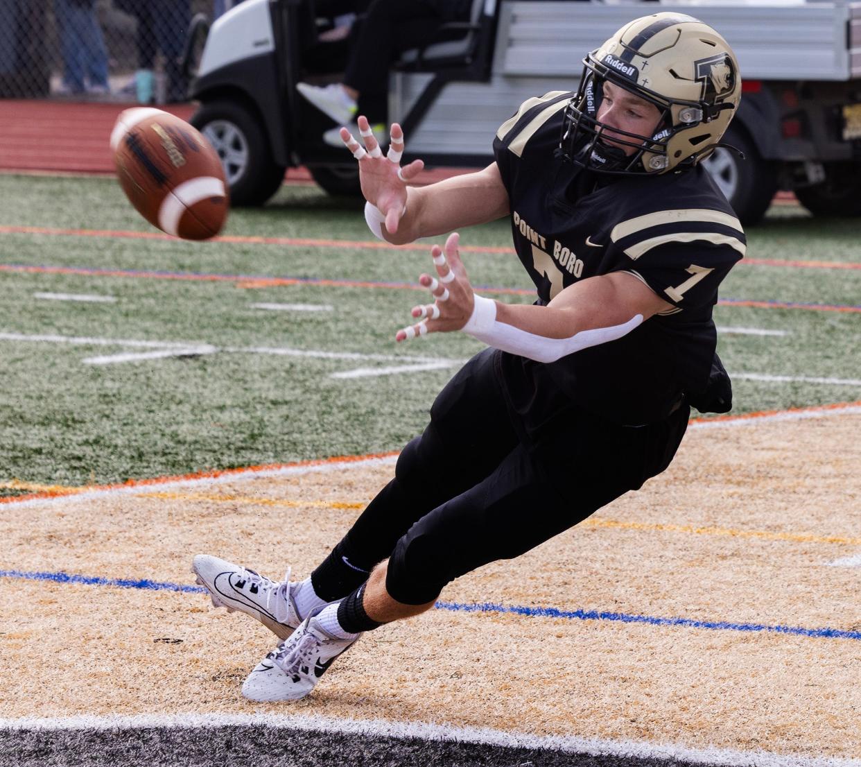 Boro Brayden Forfar makes a catch in the end zone for a touchdown. Point Pleasant Borough football defeats Rumson-Fair Haven on September 30, 2023 in Point Pleasant Boro.