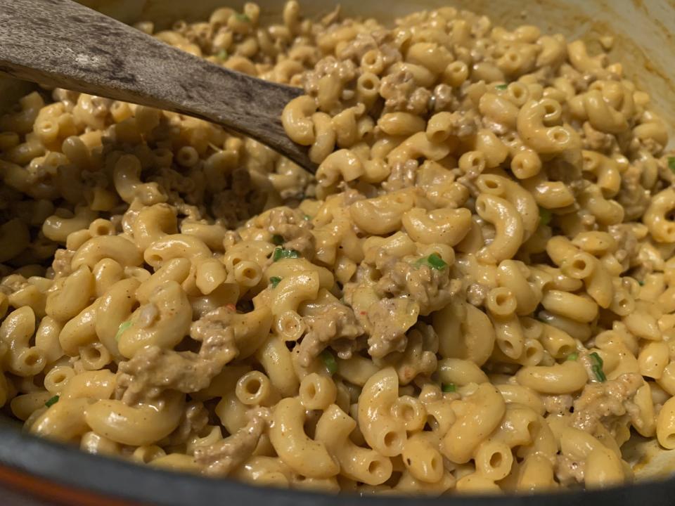 A homemade "Hamburger Helper" dish, made with caramelized onions and white wine, appears on Oct. 29, 2021. The recipe is available on the New York Times cooking app. (Tracee M. Herbaugh via AP)