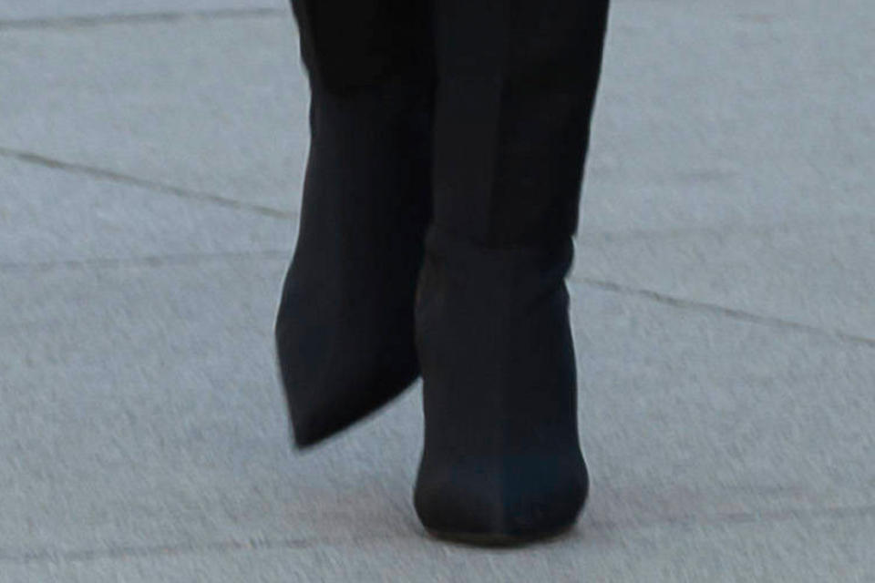 A closer view of Brigitte Macron’s booties. - Credit: AP