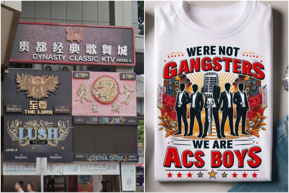 Karaoke pubs in Singapore (left), and T-shirt designs with the catchphrase 