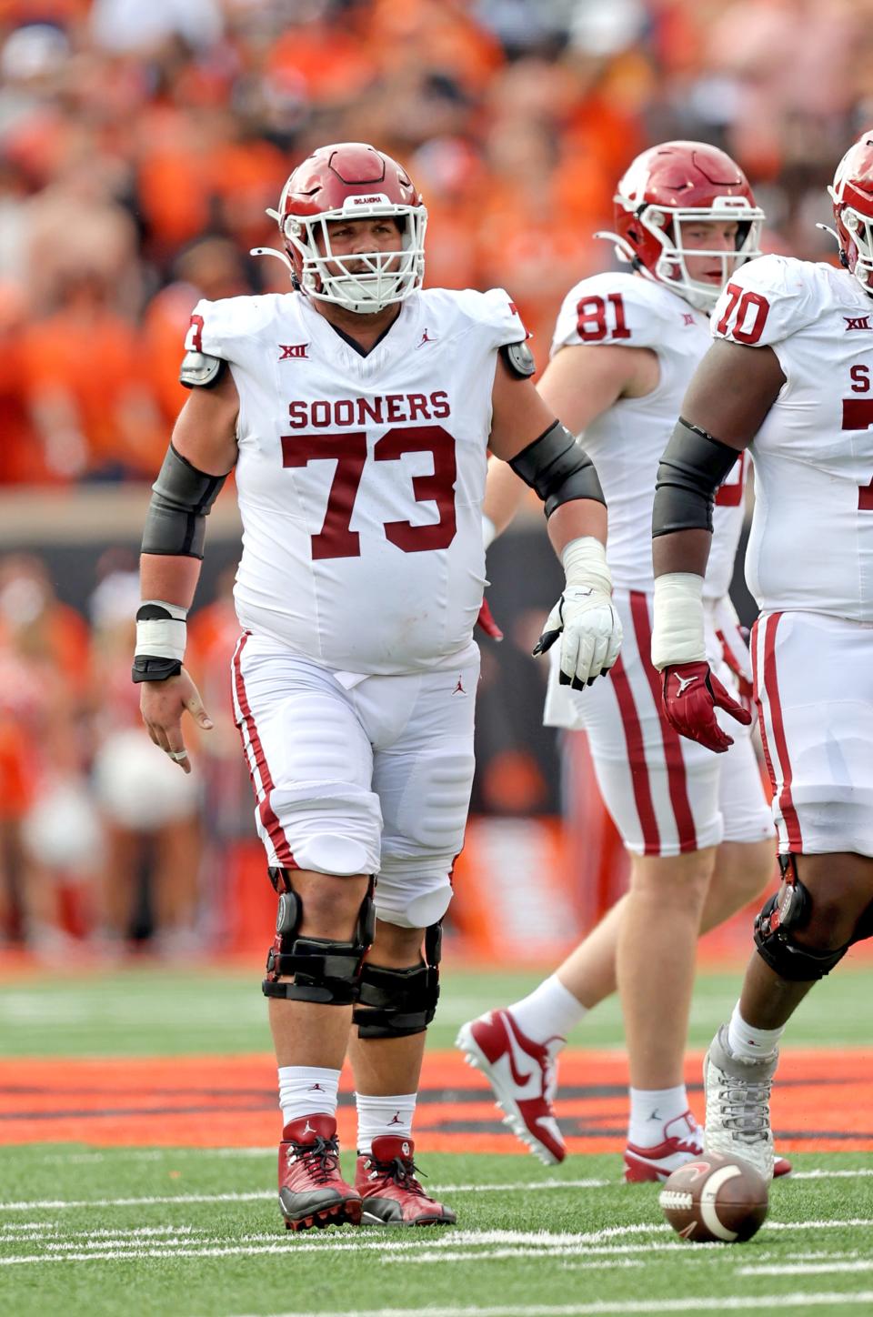 Oklahoma's Andrew Raym (73) is pictured in the first half during a Bedlam college football game between the Oklahoma State University Cowboys (OSU) and the University of Oklahoma Sooners (OU) at Boone Pickens Stadium in Stillwater, Okla., Saturday, Nov. 4, 2023.