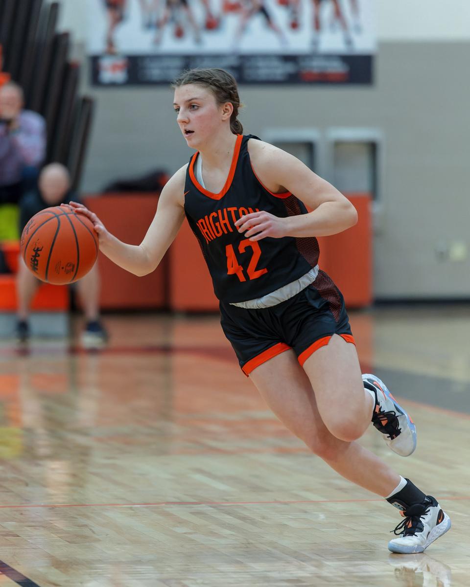 Brighton's Noelle Ebel handles the ball during a 43-41 victory over Northville Friday, Jan. 13, 2023.