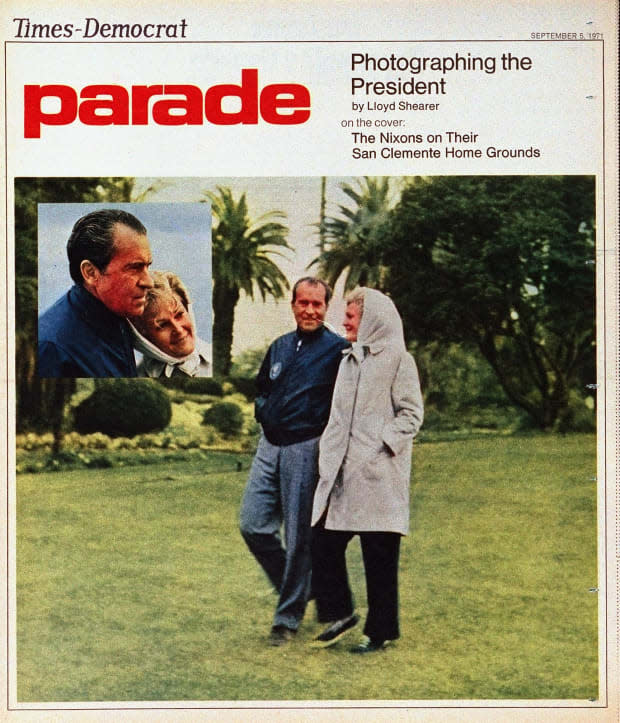 <p>The Nixons walk through the grounds of their San Clemente home on a Sept. 1971 cover.</p>