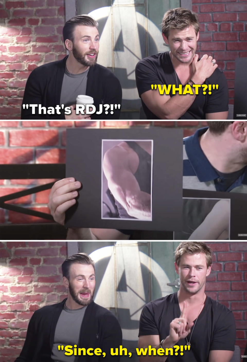 Chris Hemsworth saying, "Since, uh, when" after being shown RDJ's bicep
