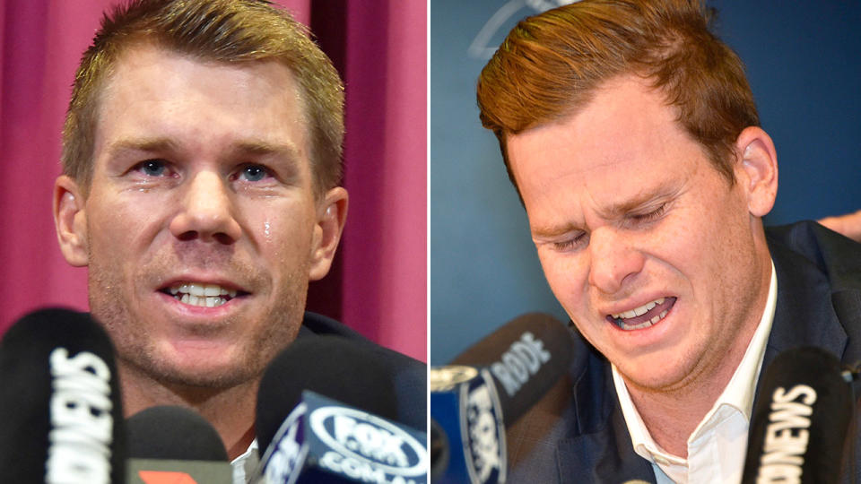 Pictured left to right are Aussie cricketers David Warner and Steve Smith.