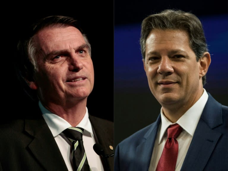Jair Bolsonaro (L), an ex-army captain known for his denigrating remarks on women, gays and blacks, has an eight- to 10-point lead over leftist Fernando Haddad, according to two opinion polls