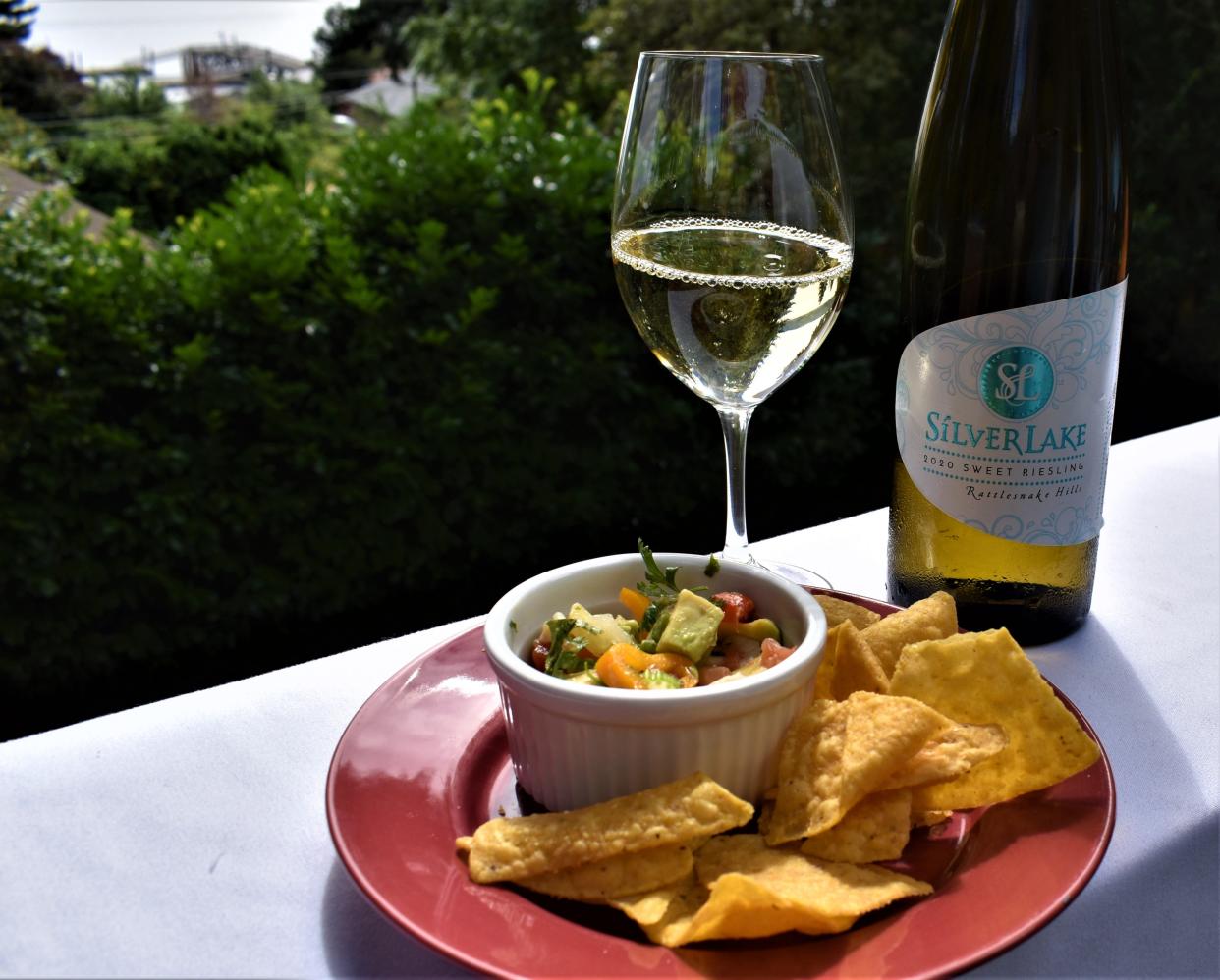 Silver Lake is one of the oldest Washington state winery. It's sweet Riesling is shown here with shrimp ceviche.