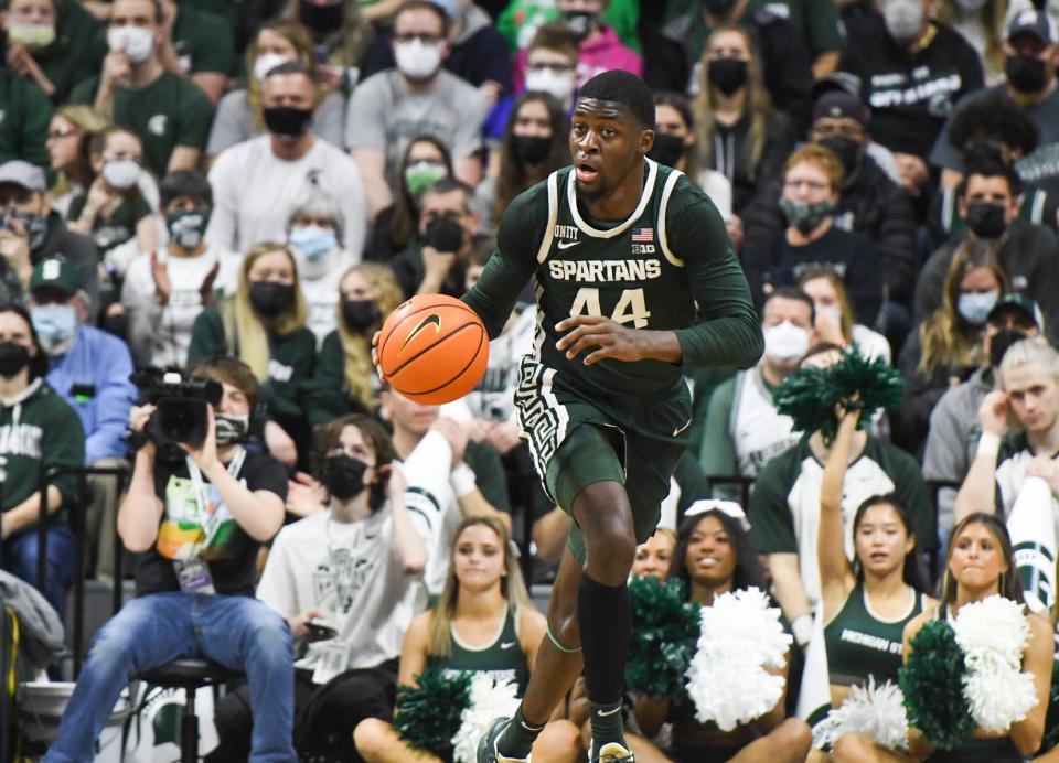 Michigan State's Gabe Brown moves the ball up the court against High Point, Wednesday, Dec. 29, 2021 at the Breslin Center.