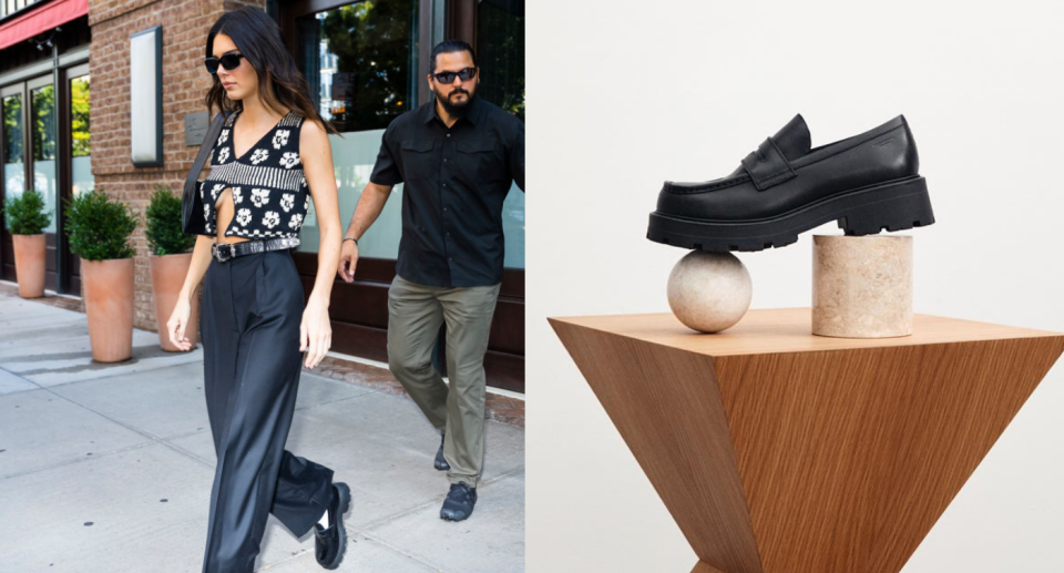 Side by side photos of Kendall Jenner walking in New York and Vagabond black loafer posed on a wooden table