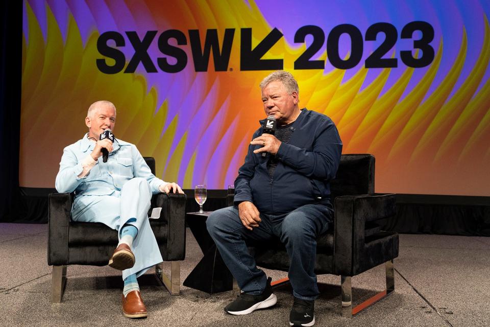 Actor William Shatner talks during his South by Southwest keynote with Alamo Drafthouse Cinemas co0founder Tim League on March 16 at the Austin Convention Center.
