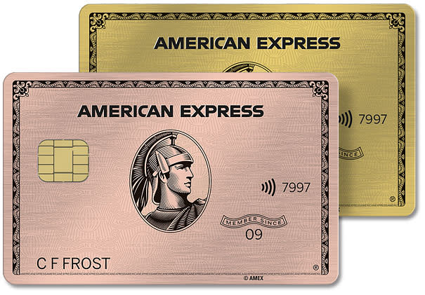 Two American Express cards, in gold and rose gold.