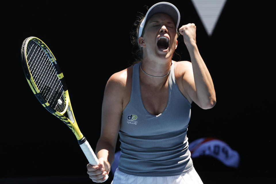 Danielle Collins of the U.S. reacts during her third round match against Clara Tauson of Denmark at the Australian Open tennis championships in Melbourne, Australia, Saturday, Jan. 22, 2022. (AP Photo/Hamish Blair)