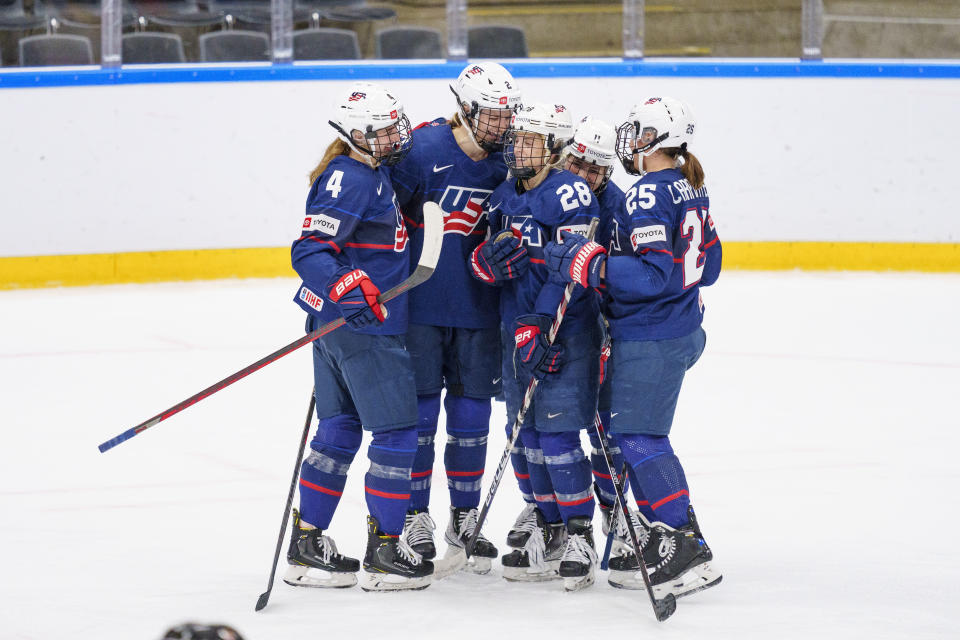 USA players celebrate after Lee Stecklein scored during The IIHF World Championship Woman's ice hockey match between The United States and Hungary in Herning, Denmark, Thursday, Sept. 1, 2022. (Bo Amstrup/Ritzau Scanpix via AP)