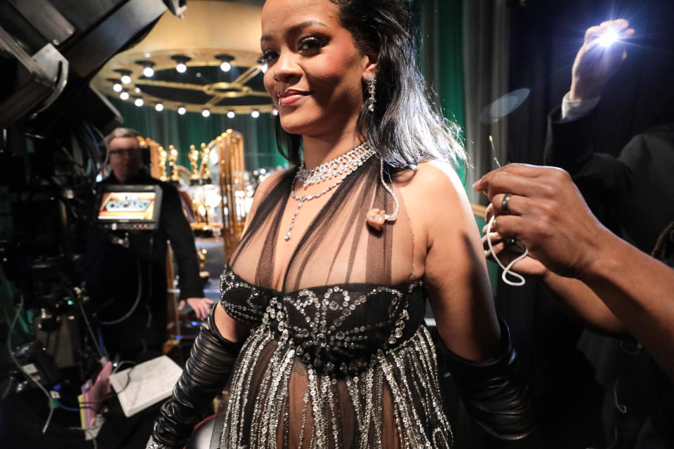 In this handout photo provided by A.M.P.A.S., Rihanna is seen backstage during the 95th Annual Academy Awards on March 12, 2023 in Hollywood, California. (Photo by Al Seib/A.M.P.A.S. via Getty Images)