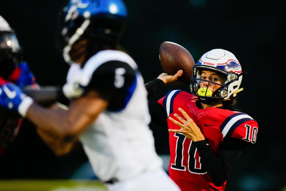 Centennial’s quarterback Malik Torres (10) throws the ball against Heritage in a high school football game on Friday, Sept. 9, 2022 at South County Stadium in Port St. Lucie. Centennial won 30-0.