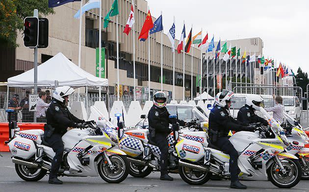G20 preperations: Police officers are seen at the car entrance of the Brisbane Convention and Exhibition Centre. Photo: Getty