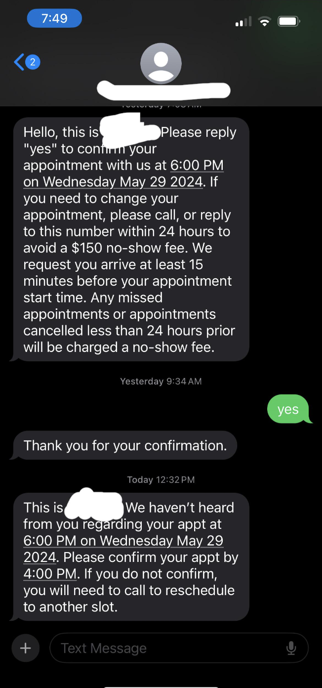 Text conversation about confirming a doctor's appointment for Wednesday, May 29, 2024, at 6:00 PM. No names are mentioned