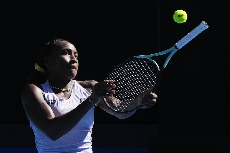 Coco Gauff of the United States practices on Rod Laver Arena ahead of the Australian Open tennis championships at Melbourne Park, Melbourne, Australia, Thursday, Jan. 11, 2024. (AP Photo/Mark Baker)