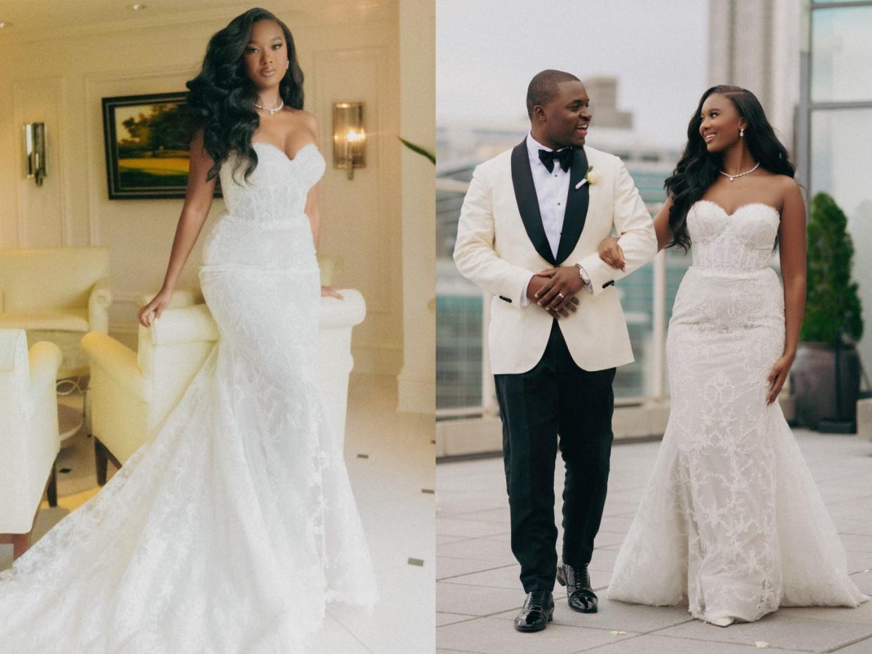 A side-by-side of a woman in a wedding dress and the same woman linking arms with her groom.