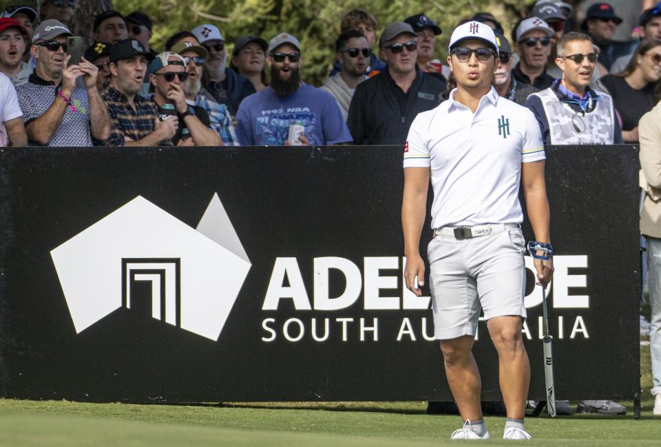 Jinichiro Kozuma reacts to a missed birdie putt on the third hole during the second round of LIV Golf Adelaide at The Grange on Saturday, April 27, 2024, in Adelaide, Australia. (Matthew Harris/LIV Golf via AP)