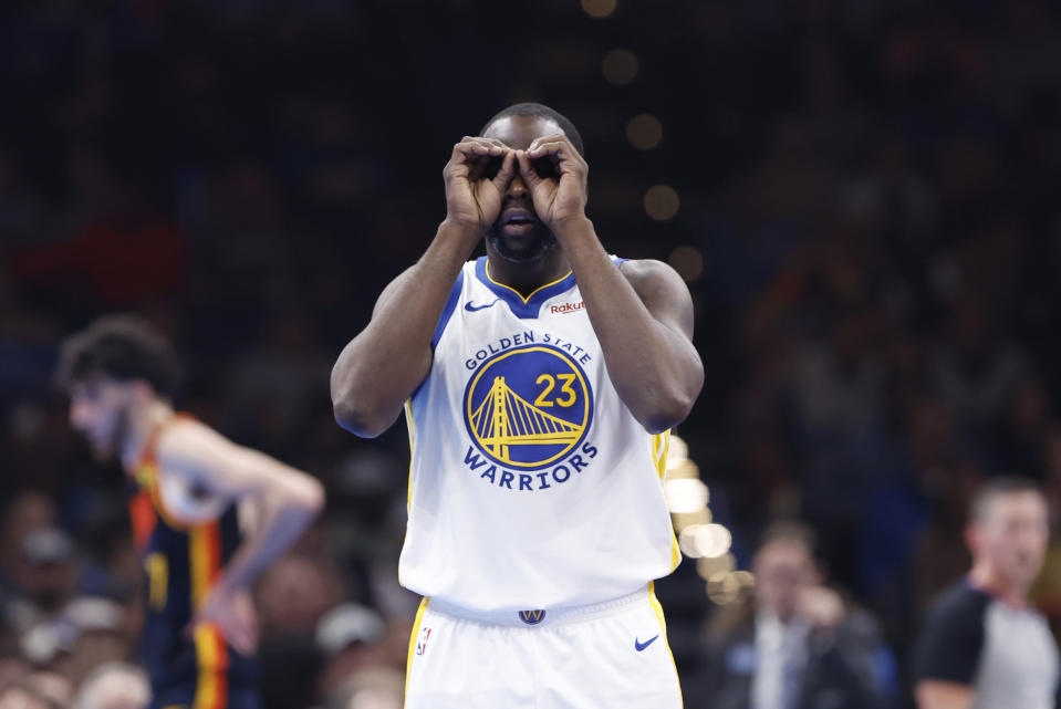 Nov 3, 2023; Oklahoma City, Oklahoma, USA; Golden State Warriors forward Draymond Green (23) gestures after a play against the Oklahoma City Thunder during the second quarter at Paycom Center. Mandatory Credit: Alonzo Adams-USA TODAY Sports