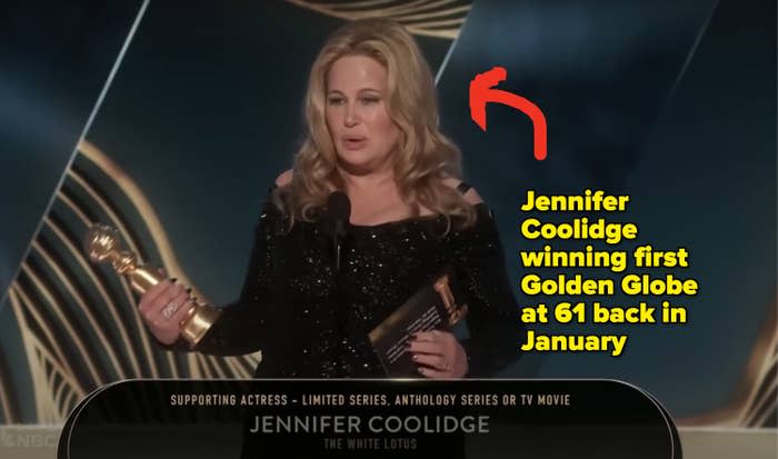 Jennifer Coolidge accepting Golden Globe at 61 for her role in "The White Lotus"