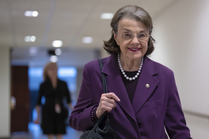 FILE - Sen. Dianne Feinstein, D-Calif., leaves a classified briefing on China, at the Capitol in Washington, Wednesday, Feb. 15, 2023. Democrats' efforts to temporarily replace Feinstein on the Senate Judiciary Committee met quick opposition Monday, April 17, from some Republicans, potentially complicating the plan even as some of President Joe Biden's judicial nominees remain on hold during her extended medical absence. Feinstein, 89, last week asked to be temporarily replaced on the Senate Judiciary Committee while she recuperates in her home state from a case of the shingles. (AP Photo/J. Scott Applewhite, File)