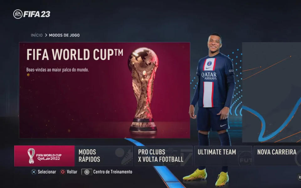 Encontre o modo FIFA World Cup no menu do FIFA 23 (Captura de tela: André Magalhães)