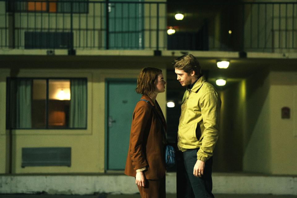 Actors Emma Stone and Joe Alwyn in a scene from the film.