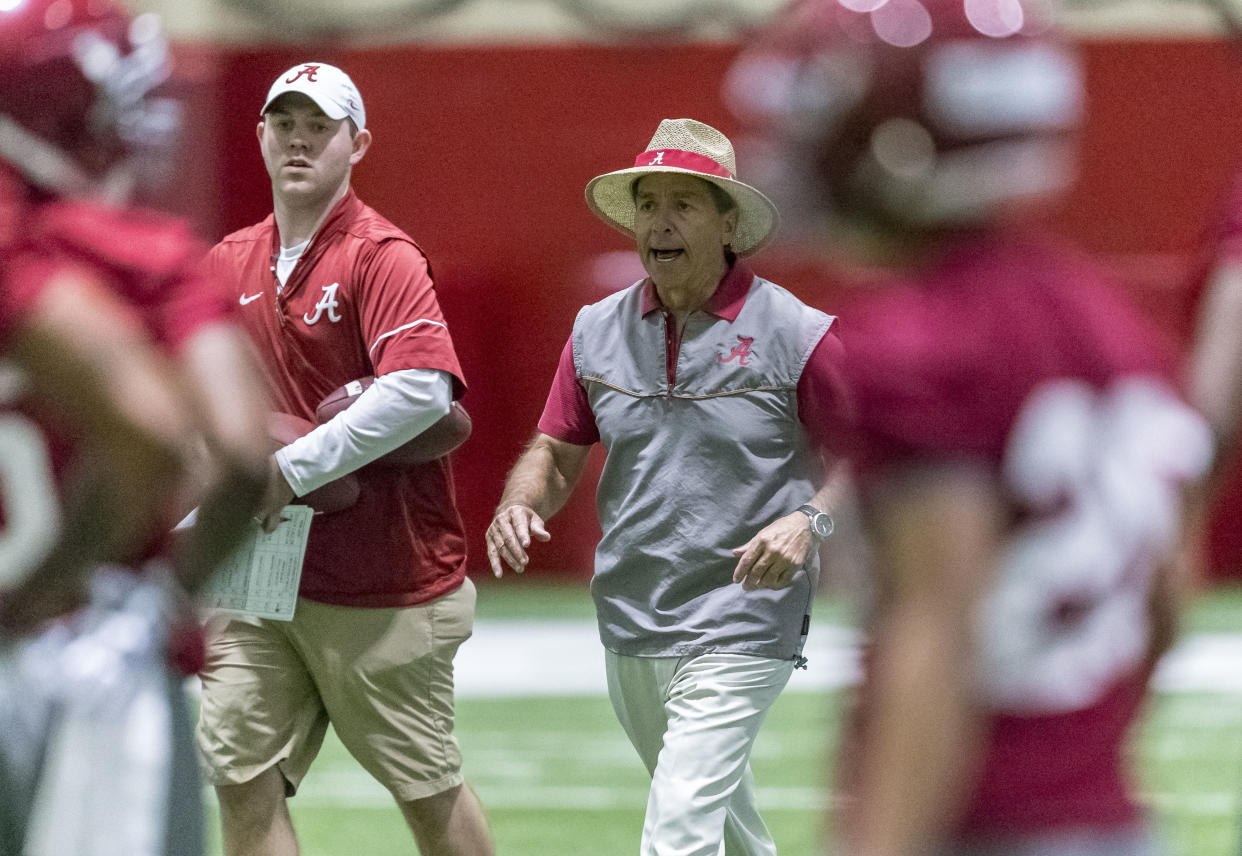 Alabama coach Nick Saban works his defensive backs through drills during the NCAA college football team’s spring practice Tuesday, March 20, 2018, in Tuscaloosa, Ala. (Vasha Hunt/AL.com via AP)