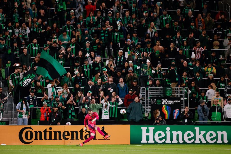 Nov 3, 2021; Austin, Texas, USA; Austin FC goalkeeper Brad Stuver (41) clears the ball in the first half against Sporting Kansas City at Q2 Stadium.