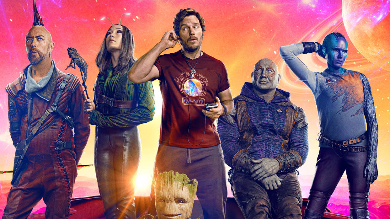  (L to R) Sean Gunn as Kraglin Obfonteri, Pom Klementieff as Mantis, Groot (voiced by Vin Diesel), Chris Pratt as Star-Lord, Dave Bautista as Drax and Karen Gillan as Nebula standing side by side in Guardians of the Galaxy Vol. 3 art 